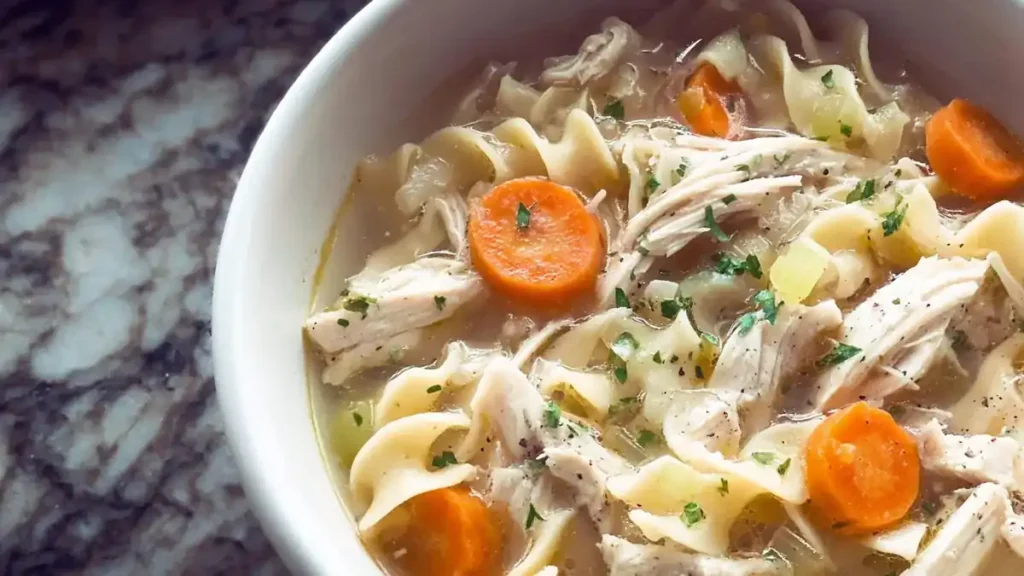 Crock-Pot Chicken Noodle Soup 5 Chicken noodle soup with wide egg noodles, shredded chicken, carrots, celery, and parsley