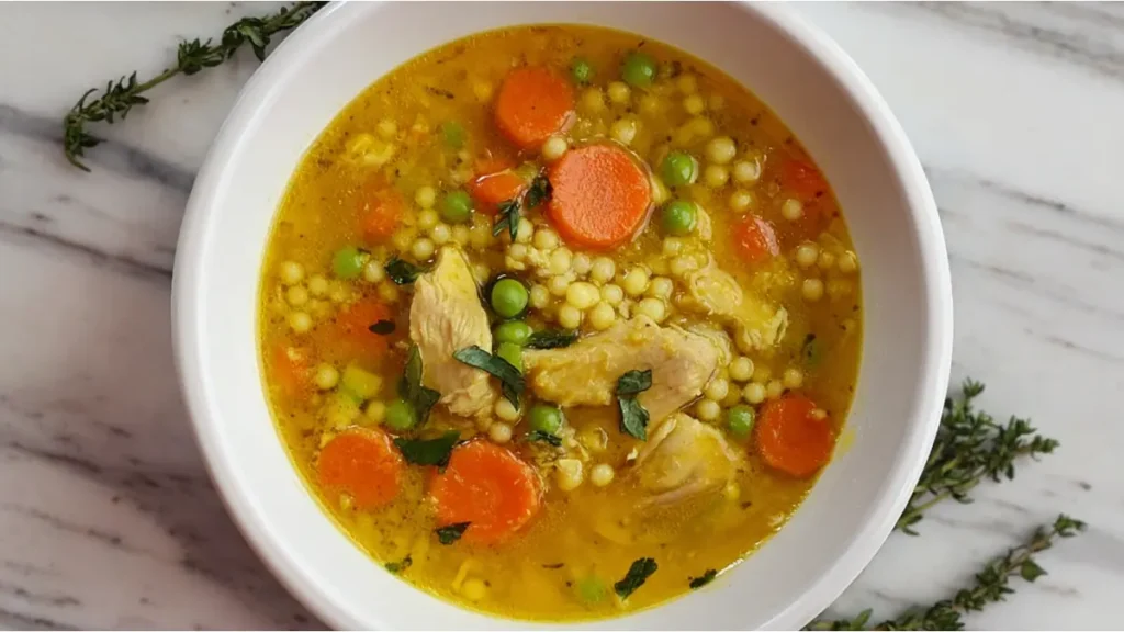 Chicken Soup with Turmeric and Ginger 4 Chicken couscous soup with peas, carrots, and herbs in golden broth