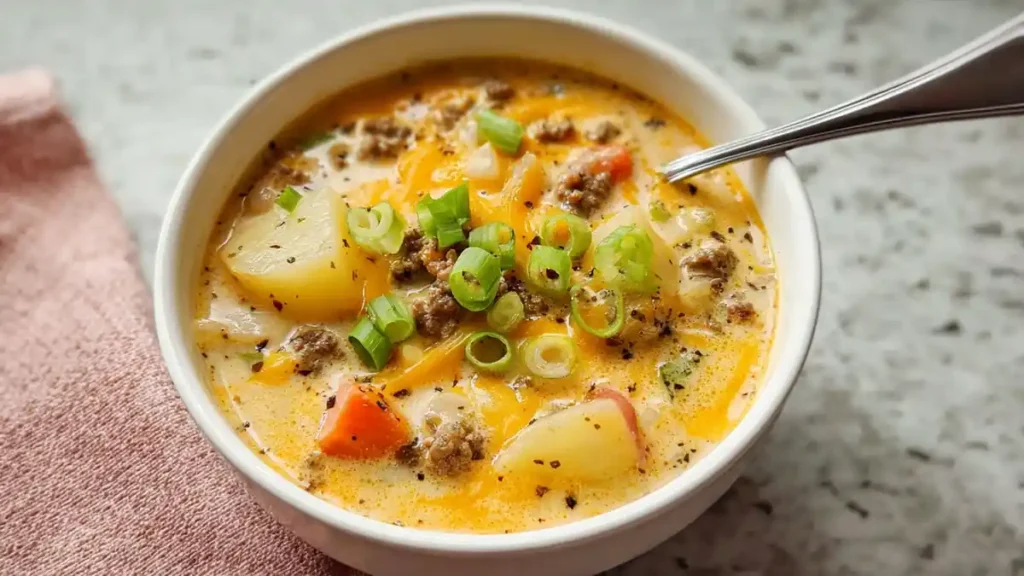 Creamy Cheeseburger Soup Comfort Bowl 4 creamy soup with ground beef, potatoes, carrots, and green onions