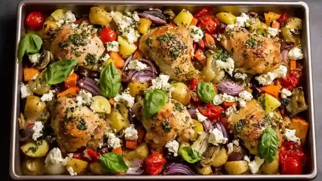 Healthy Sheet Pan Greek Chicken Dinner 4 roasted chicken thighs with colorful vegetables, basil, and feta on a sheet pan