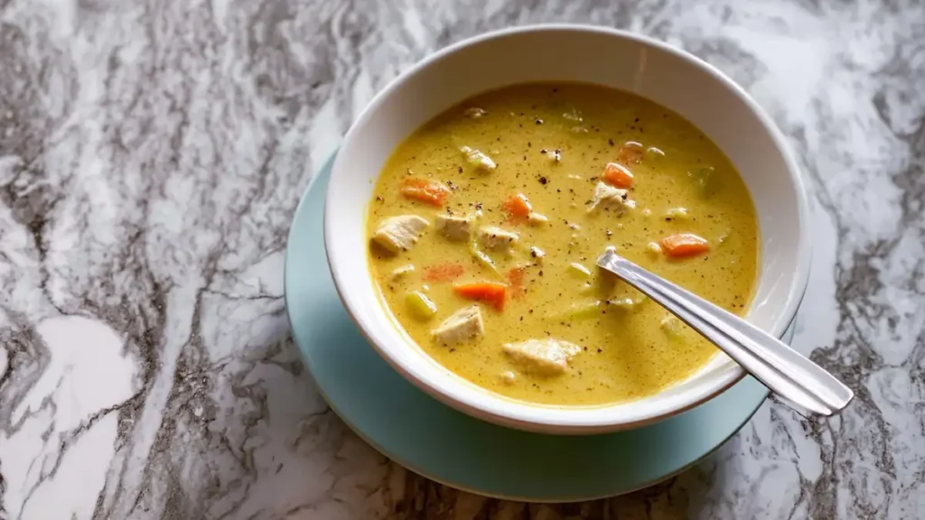 Mulligatawny Soup 5 hearty chicken soup in creamy broth with diced carrots and celery