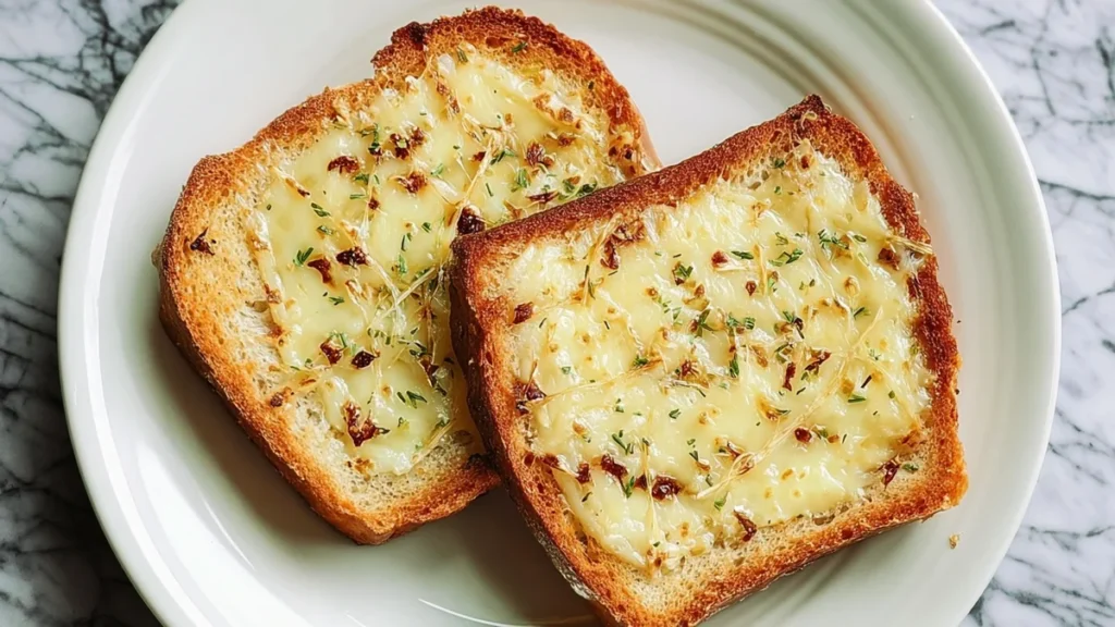 Garlic Cheese Toast 4 Two slices of toasted sourdough topped with melted cheese, herbs, and garlic
