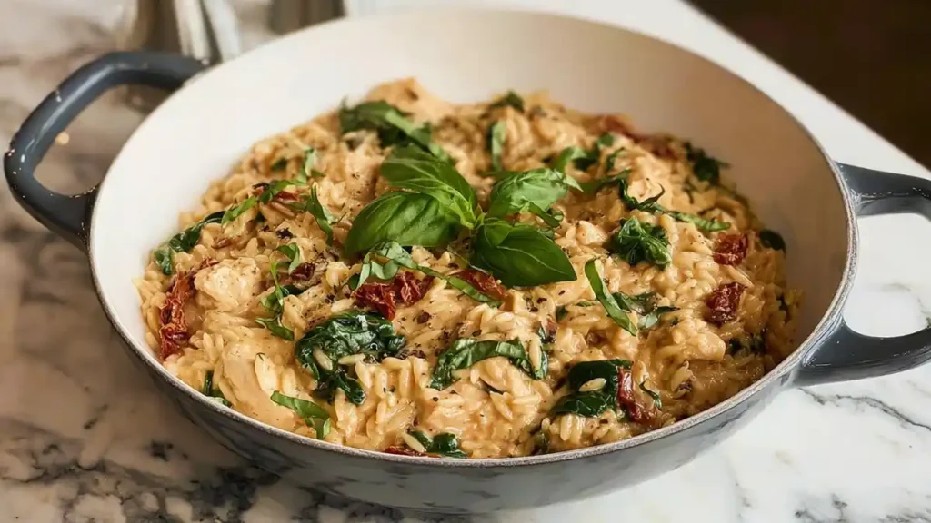 Marry Me Chicken Orzo 4 Skillet of creamy Tuscan chicken orzo with spinach, sun-dried tomatoes, and basil
