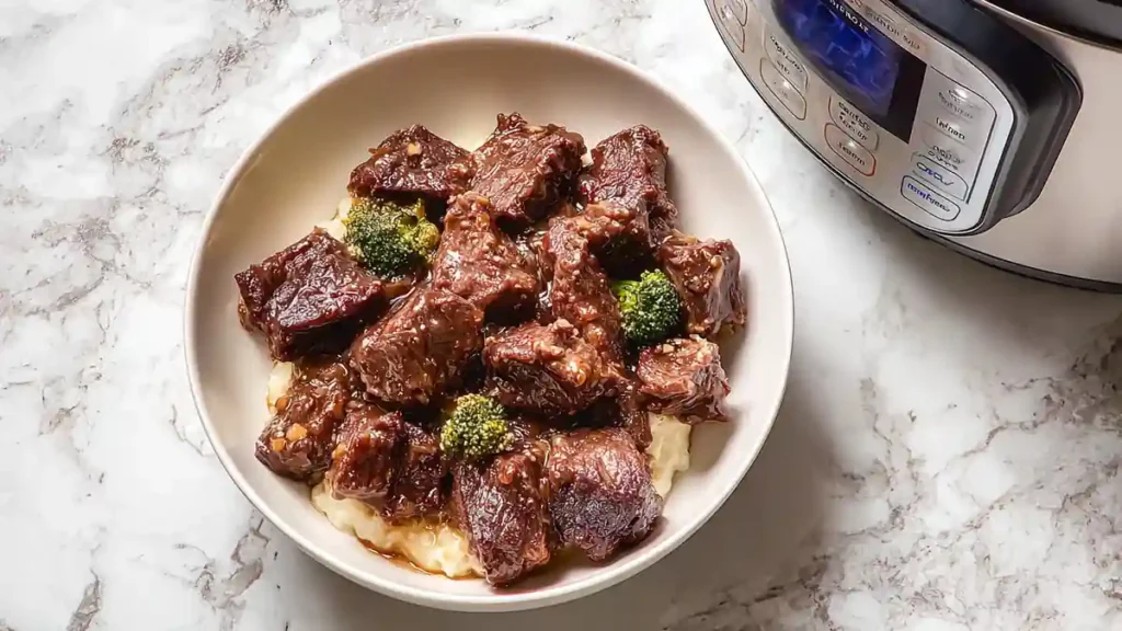 Juicy Garlic Butter Beef Bites 4 Tender beef with broccoli served over rice in a bowl beside an Instant Pot