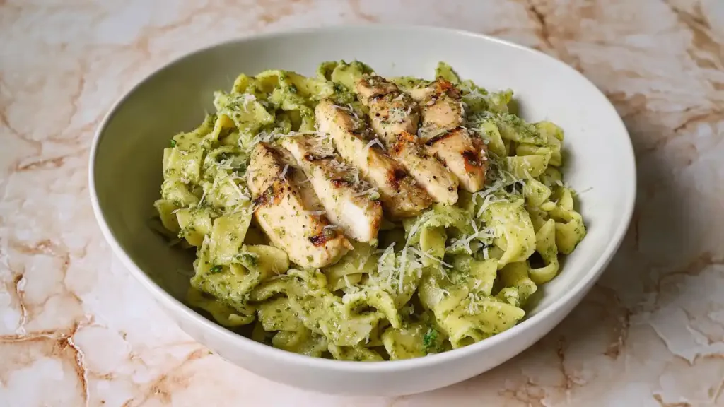 grilled chicken pesto pasta with parmesan in white bowl