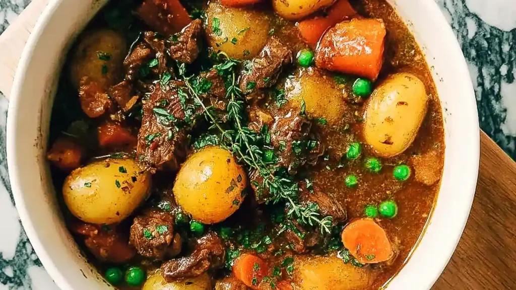 Irish Lamb Stew with Guinness 5 Hearty beef stew with baby potatoes, carrots, peas, and fresh thyme in a rich brown gravy