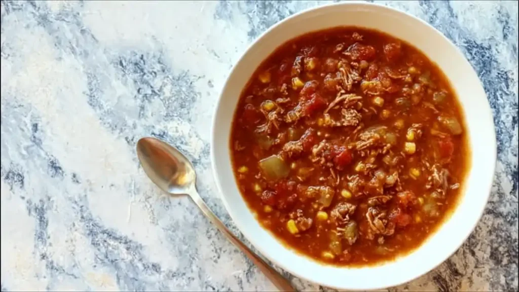 Brunswick Stew 4 hearty tomato soup with shredded beef, corn, and green peppers in white bowl