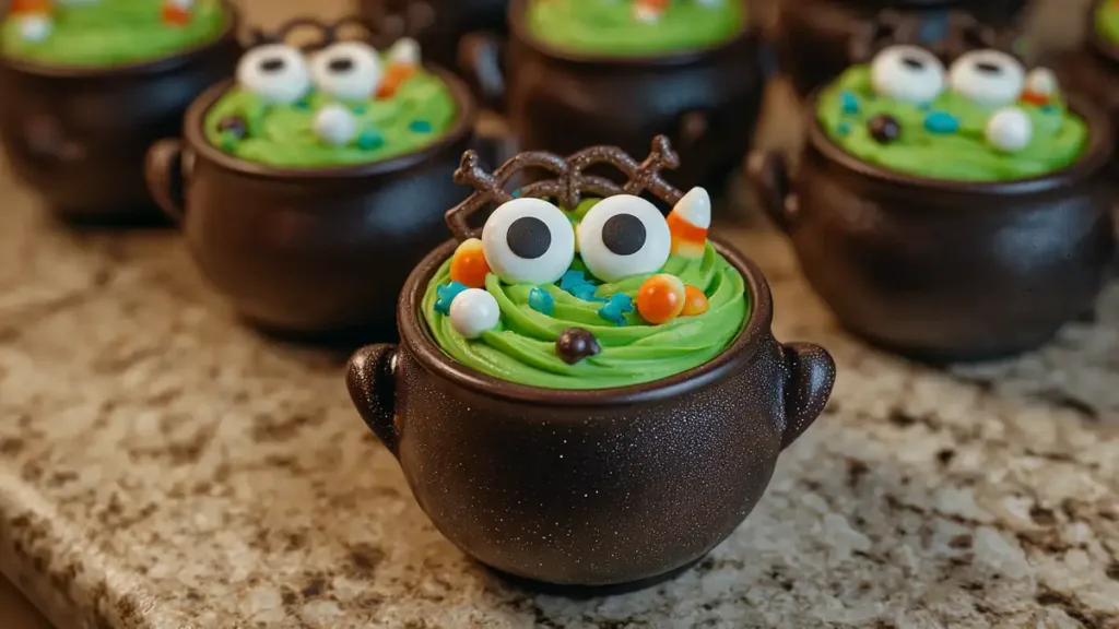 chocolate cauldron cupcakes filled with green frosting and candy monster eyes