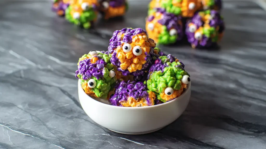 Spooky Monster Popcorn Ball Snacks 4 colorful popcorn balls with candy eyes in green, orange, and purple