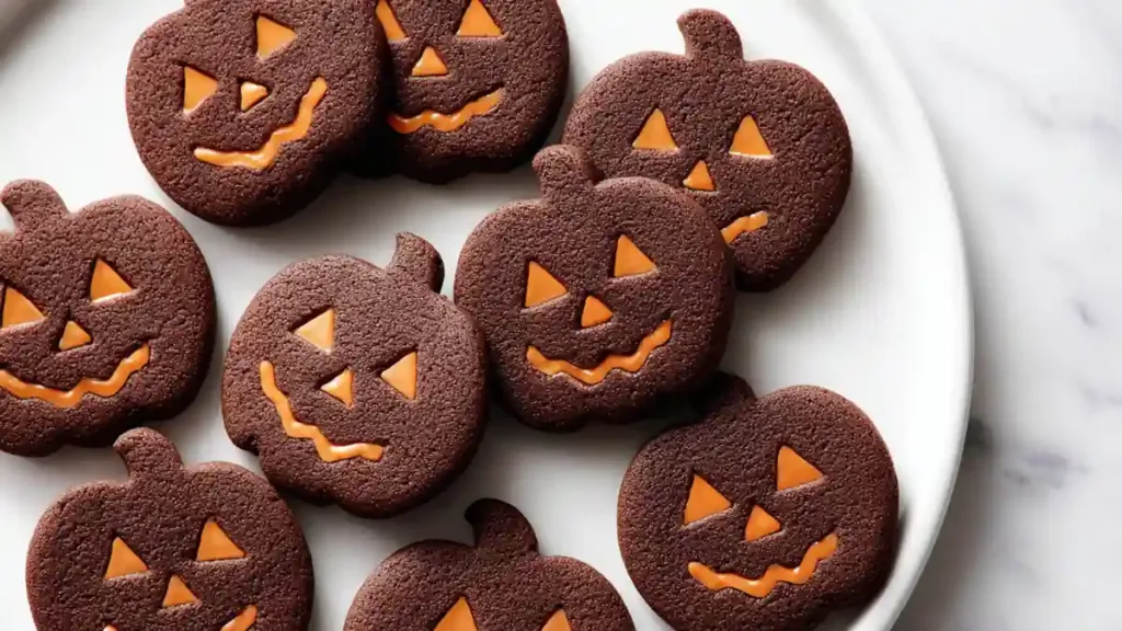 Chocolate pumpkin-shaped cookies with orange frosting faces on white plate
