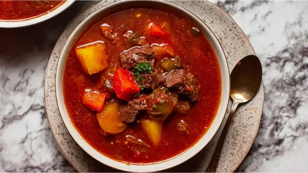 Goulash Hungarian beef stew 4 Classic beef stew with potatoes, carrots, and parsley in a rich tomato broth