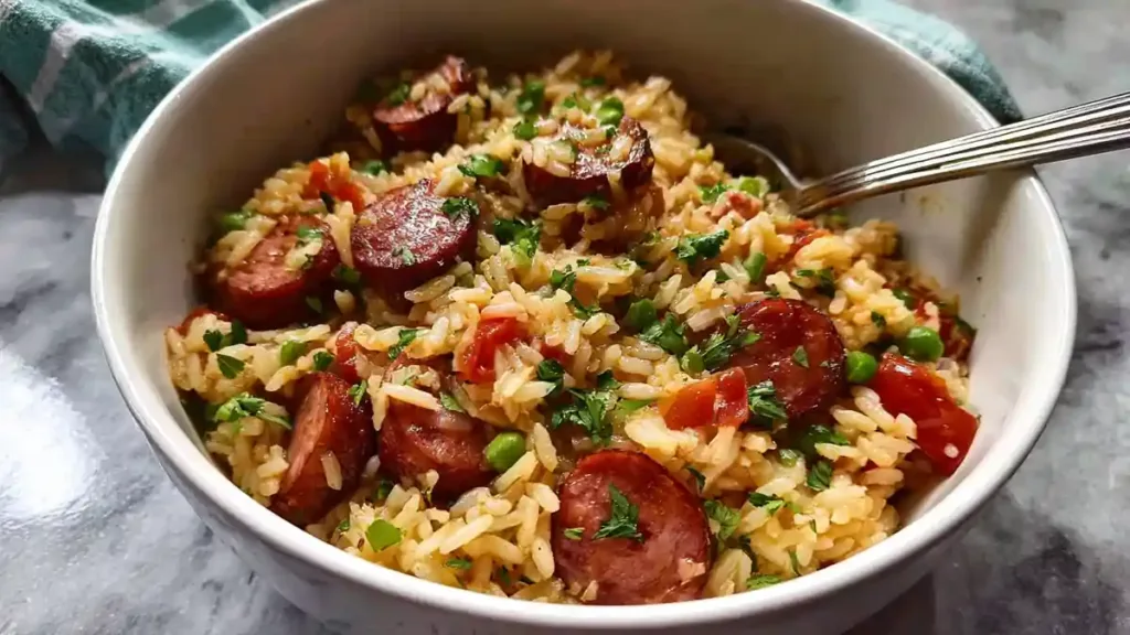 bowl of rice with smoked sausage, green peas, tomatoes, and herbs