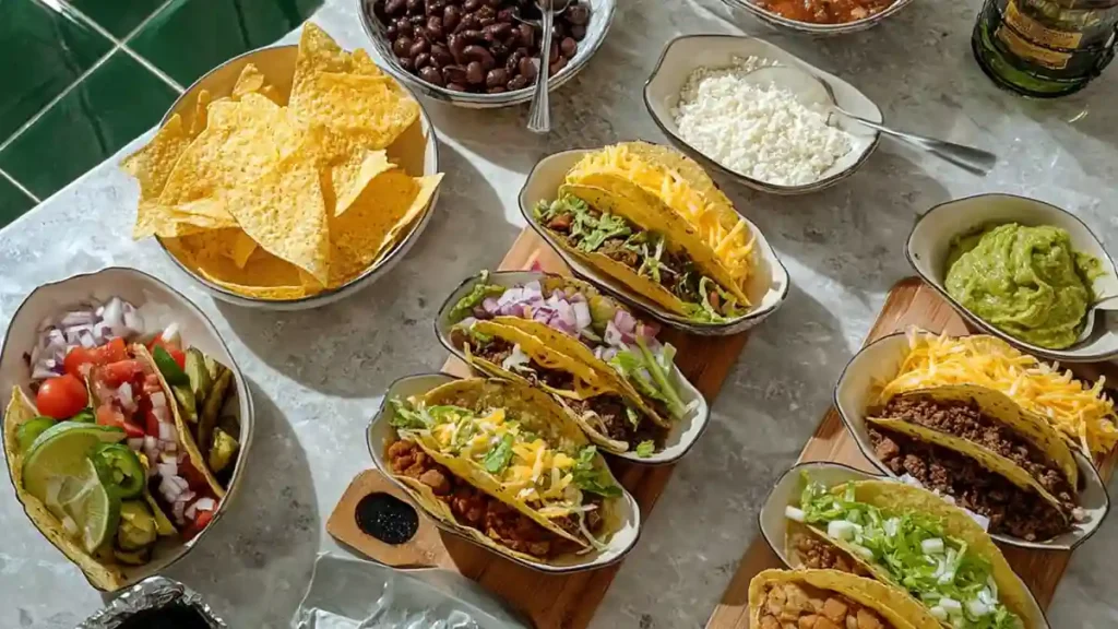 Trick-or-Treat Halloween Taco Bar 4 variety of tacos with beef, cheese, salsa, guacamole, and chips on marble table