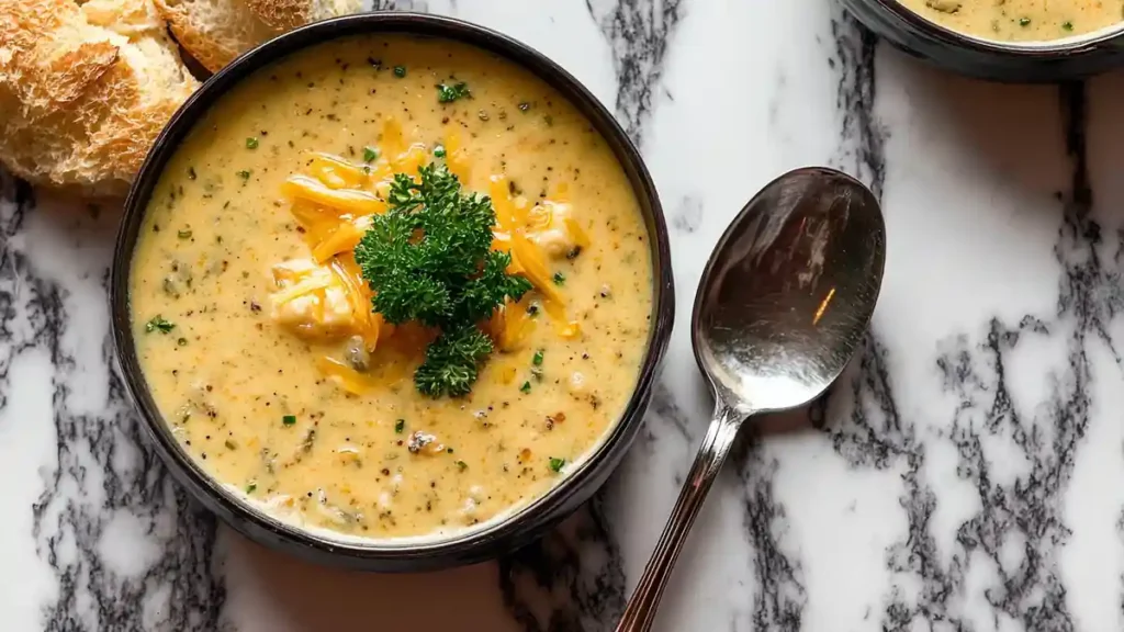 Hearty Cheddar Garlic Herb Potato Soup 3 Creamy broccoli cheddar soup with parsley and cheese served in a black bowl