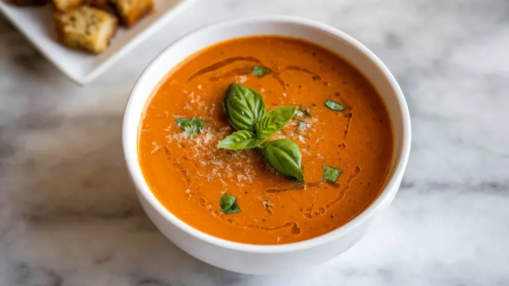 Tomato basil soup garnished with fresh basil and grated cheese in white bowl