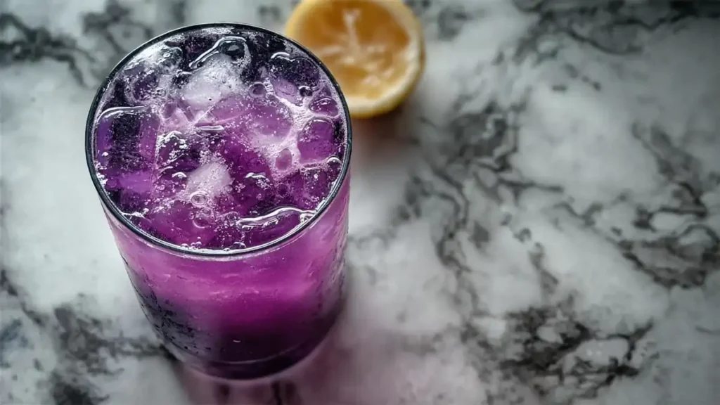Witches Brew Lemonade 4 Refreshing purple butterfly pea lemonade with ice in a tall glass and lemon slice