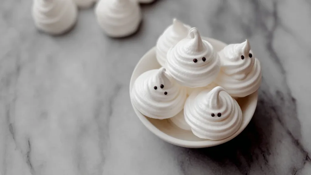 ghost-shaped meringue cookies with chocolate eyes in a white bowl