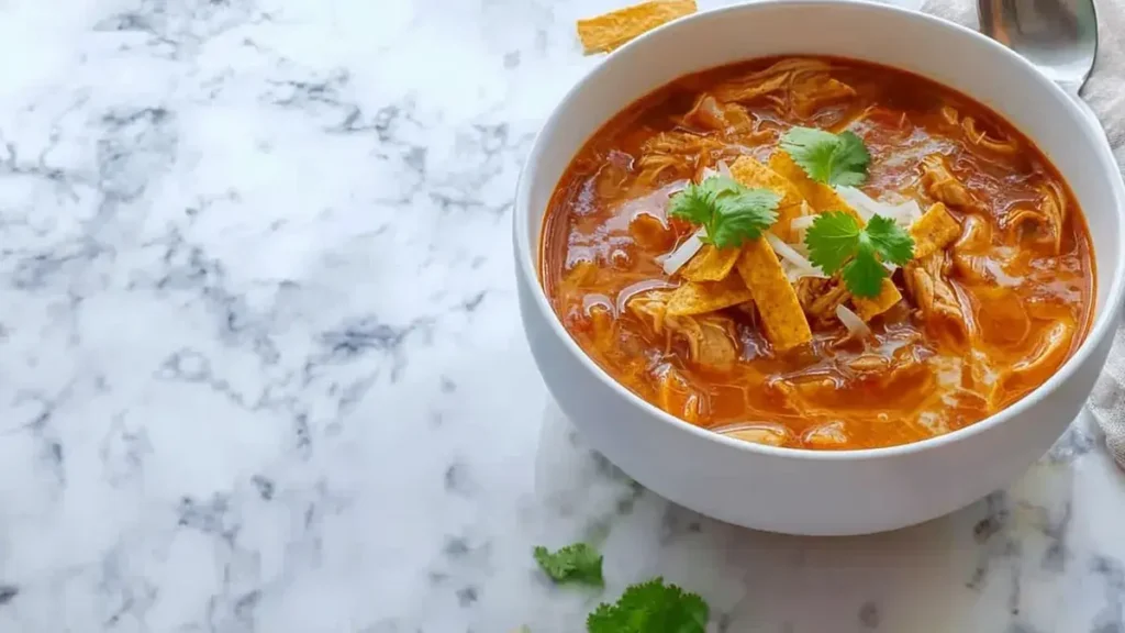 Crock Pot Chicken Tortilla Soup 5 Chicken tortilla soup topped with crispy tortilla strips, cilantro, and shredded cheese in a spicy tomato broth