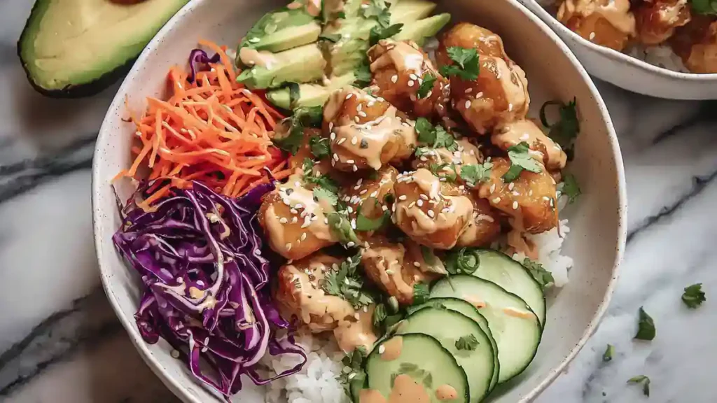Bang Bang Chicken Bowl 4 colorful rice bowl with crispy cauliflower, avocado, shredded carrots, red cabbage, cucumber, sesame seeds