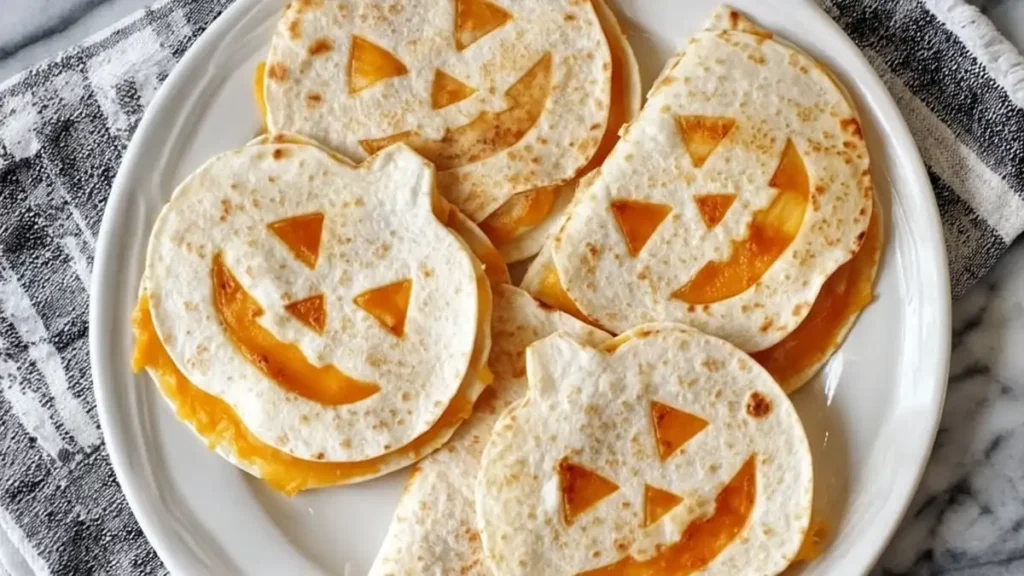 Jack o' Lantern Quesadillas 4 Cheese quesadillas cut into jack-o’-lantern pumpkin faces on a plate