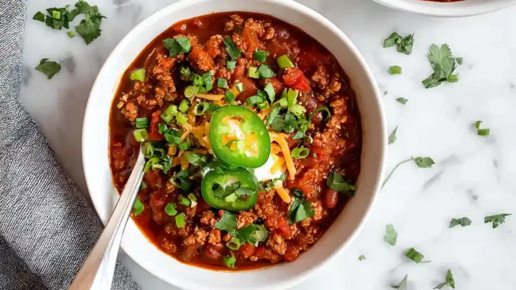 Cozy Hearty Turkey Chili Recipe 4 chili with ground beef, beans, jalapeño, and green onion in white bowl
