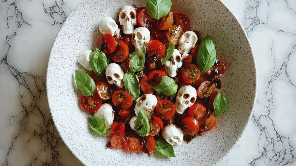 Caprese salad with skull-shaped mozzarella, cherry tomatoes, and fresh basil