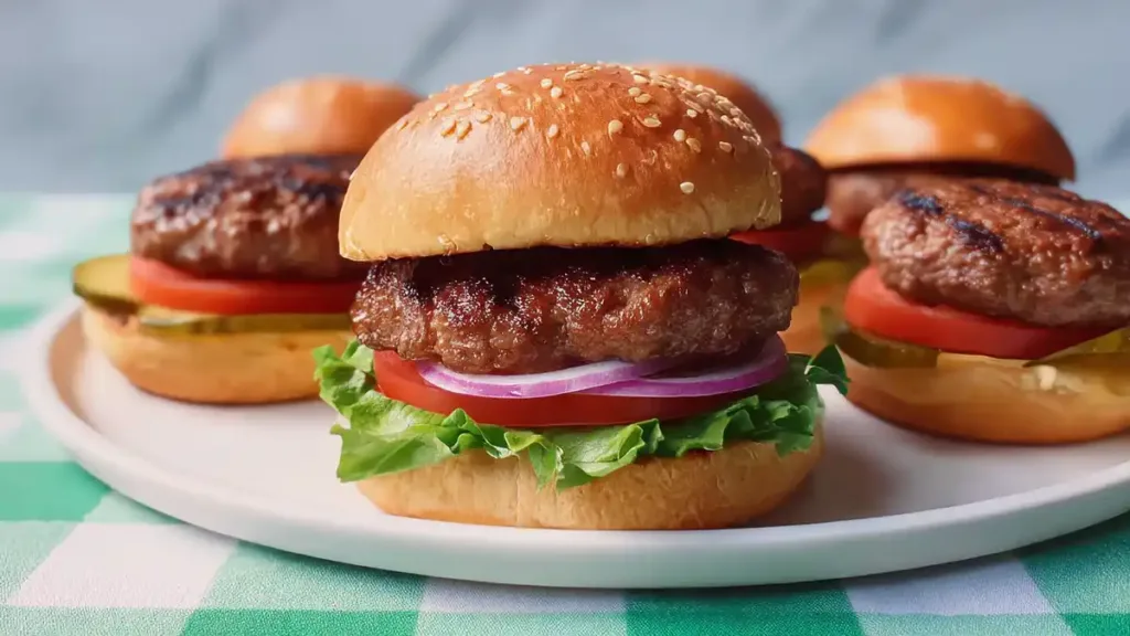 juicy beef burger with lettuce, tomato, pickles, onions on sesame bun