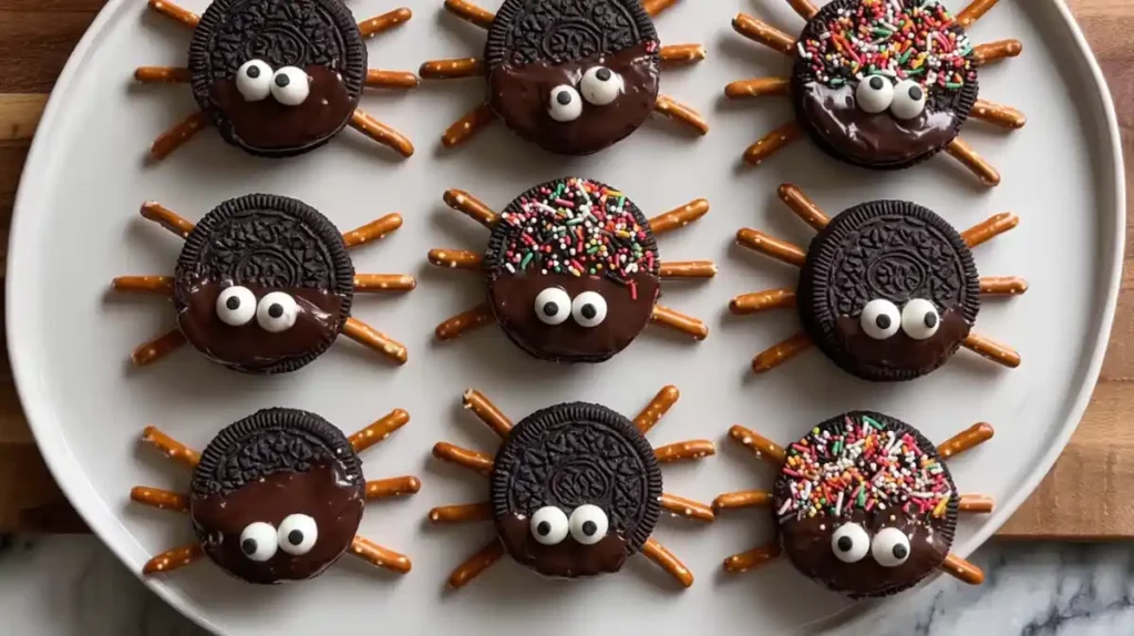 Oreo Spider Halloween Cookies 5 Oreo spider cookies with pretzel stick legs and candy eyes on white serving plate