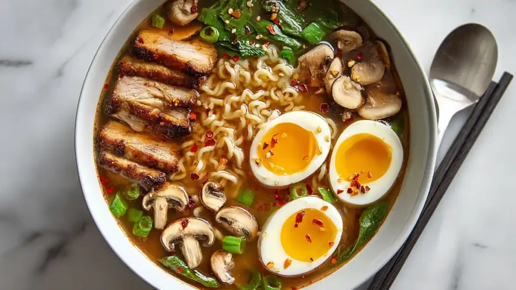Homemade Ramen 5 Bowl of tonkotsu ramen with soft-boiled eggs, grilled chashu pork, mushrooms, and scallions