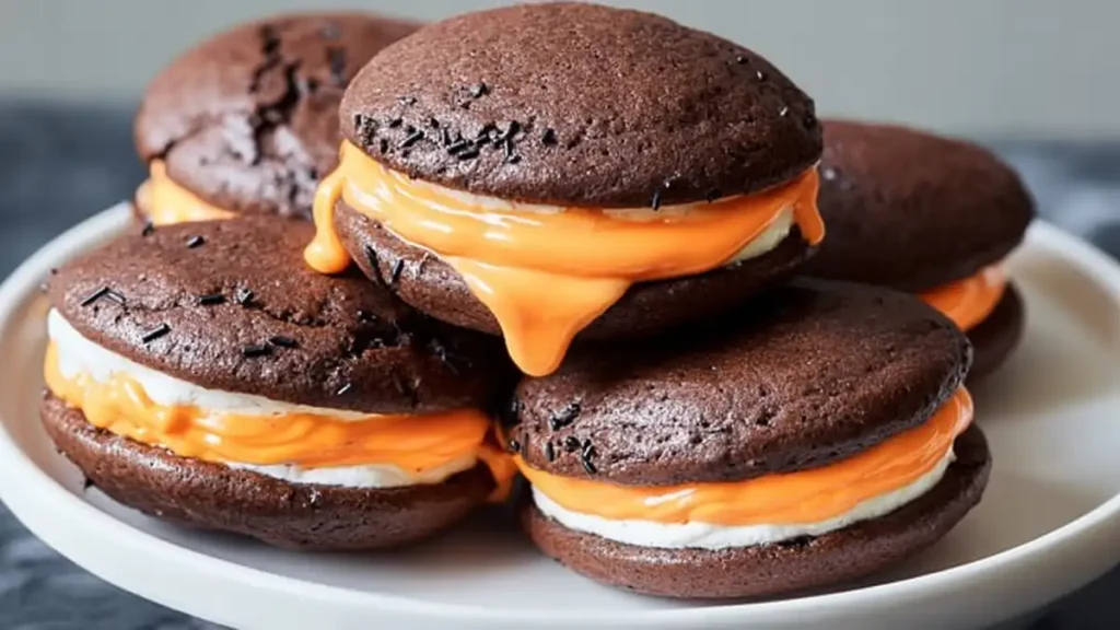 Halloween Whoopie Pies 4 chocolate whoopie pies with orange and vanilla cream filling on white plate