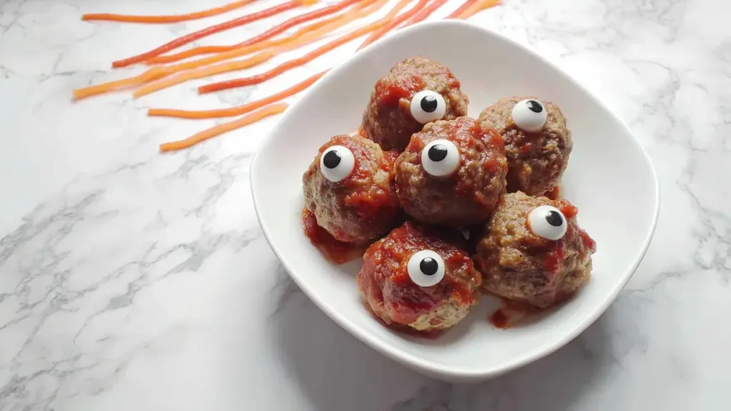 spooky meatballs with candy eyes and marinara sauce