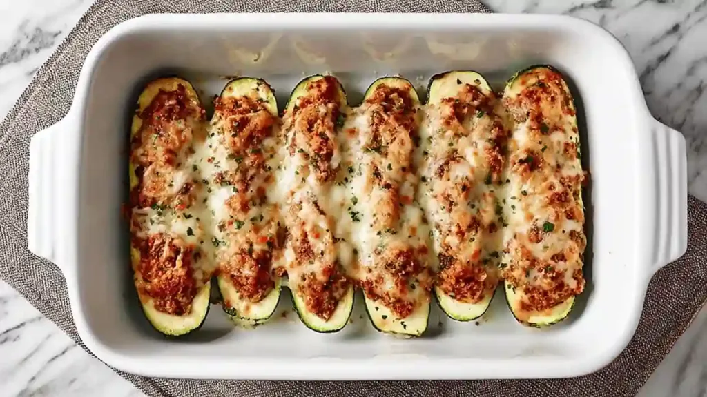 Baked zucchini boats filled with meat and topped with melted cheese in a white casserole dish