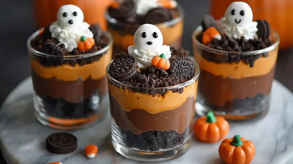layered chocolate and pumpkin Oreo parfaits topped with whipped cream ghosts and candy pumpkins