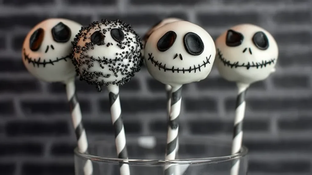 Jack Skellington Cake Pop Tutorial 4 spooky Halloween cake pops decorated like Jack Skellington with black and white stripes