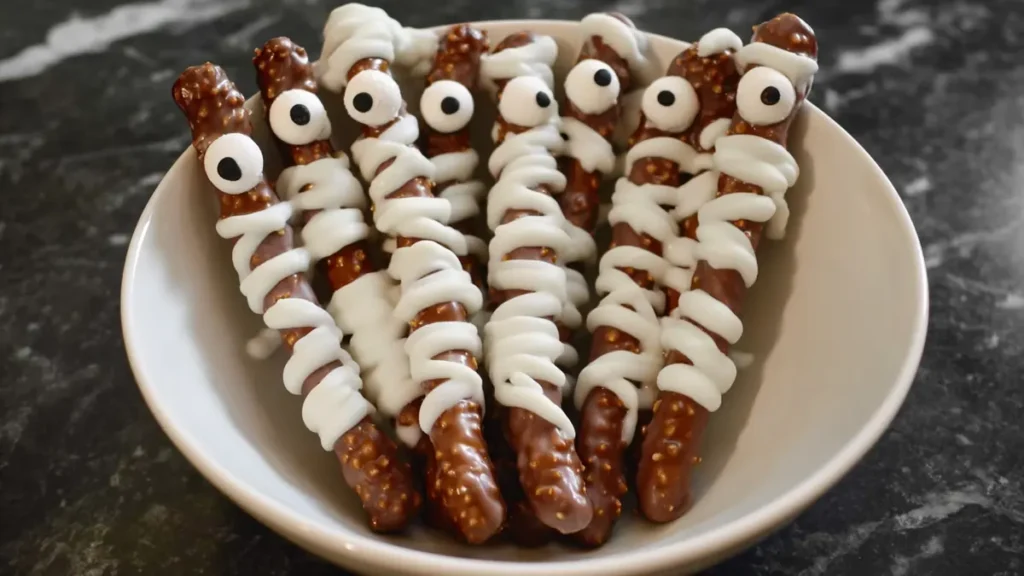 Mummy Chocolate Covered Pretzels 4 Chocolate-covered pretzel sticks decorated with white chocolate mummy wraps and candy eyes
