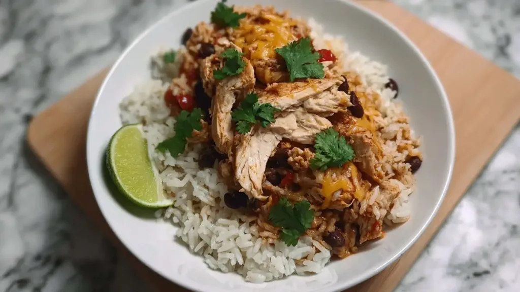 Shredded chicken with cheese, black beans, and cilantro over white rice with lime wedge