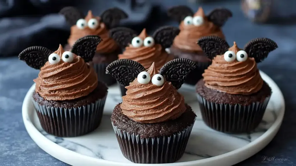 chocolate cupcakes topped with frosting, Oreo bat wings, and candy eyes on white plate