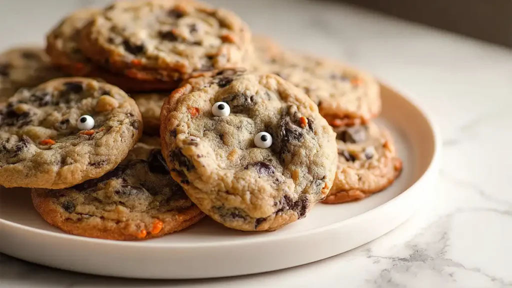 Halloween Chocolate Chip Cookies 4 Gooey chocolate chip cookies with candy eyeballs on a white plate