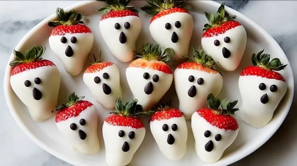 strawberries dipped in white chocolate decorated with mini chocolate chip ghost faces