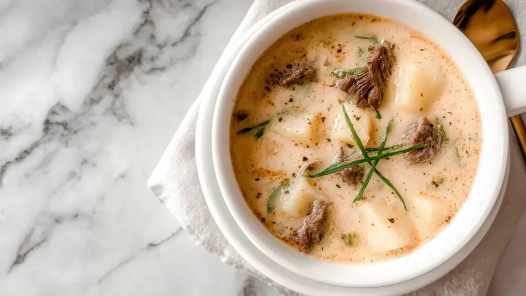 Creamy Steak and Potato Soup 4 creamy steak and potato soup topped with chives in white bowl