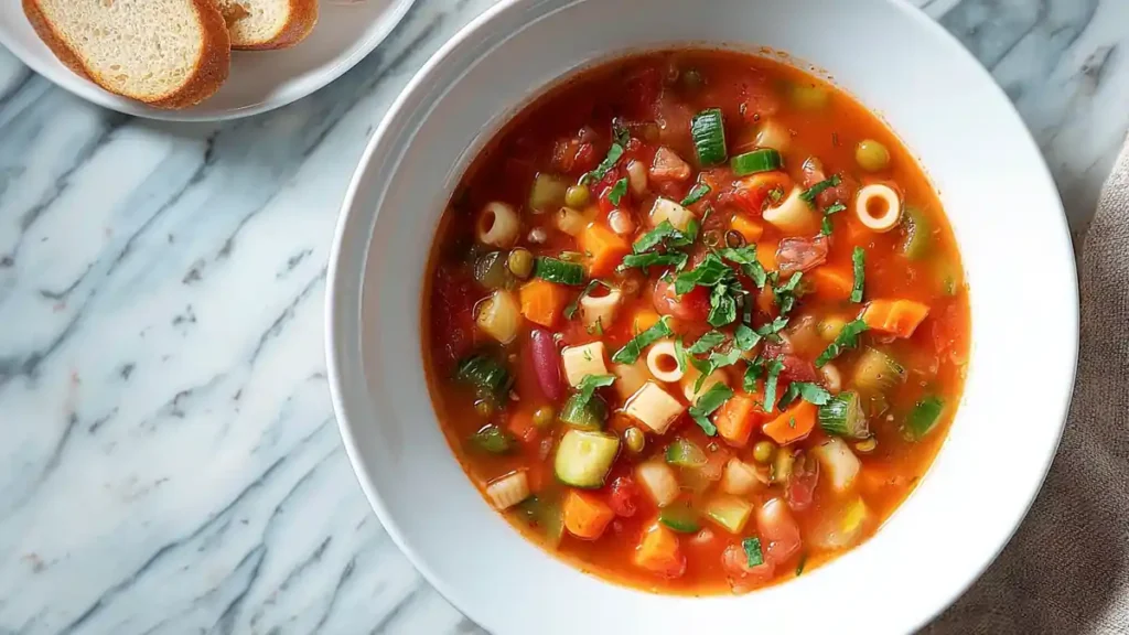 Minestrone Soup 5 Hearty vegetable minestrone soup with pasta, beans, and fresh herbs in a white bowl