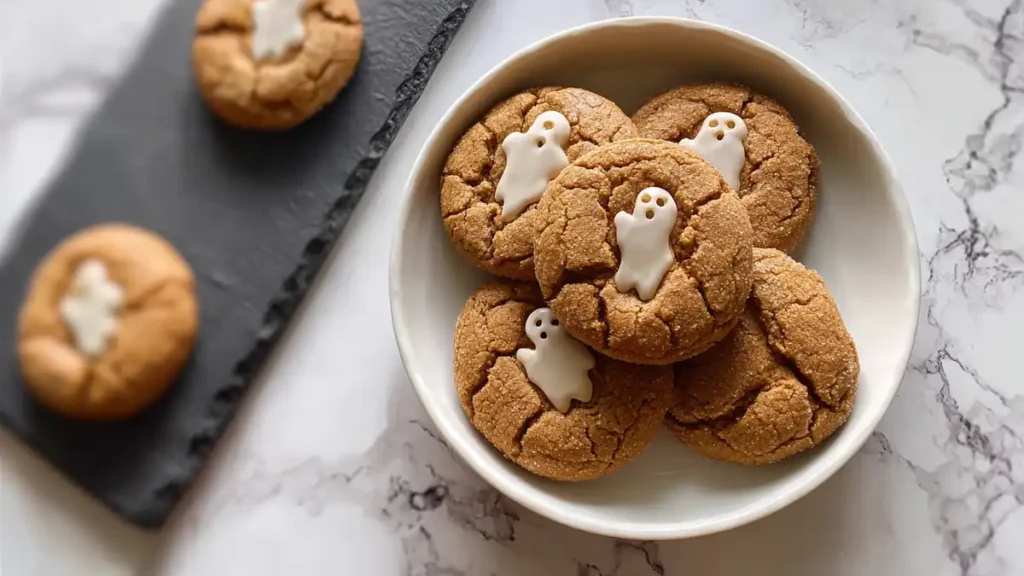 Ghostly Pumpkin Halloween Cookie Treats 4 Halloween ghost sugar cookies with white icing on ginger cookies in a bowl