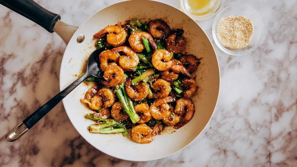 Quick Colorful Shrimp Stir Fry 3 Stir-fried shrimp with sesame seeds and green onions in a skillet