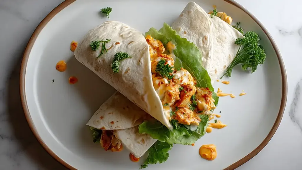 Chicken lettuce wraps in tortillas with creamy sauce and parsley garnish