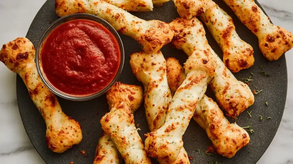 bone-shaped cheesy breadsticks with marinara dipping sauce on dark round platter