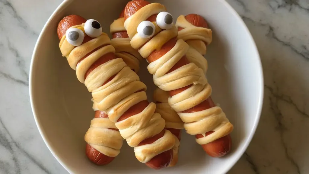 Hot dogs wrapped in crescent dough with candy eyes, styled as Halloween mummies in a white bowl