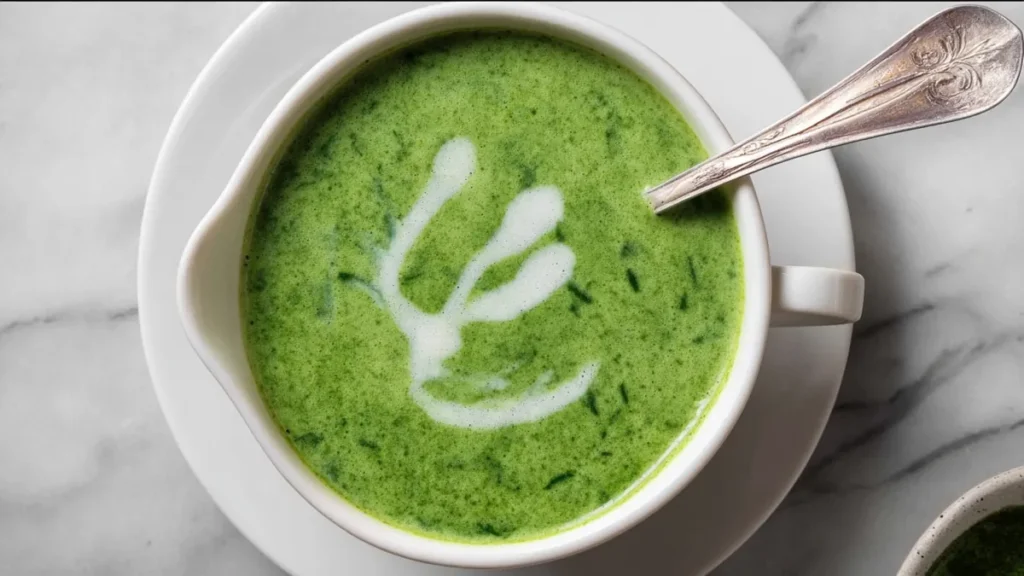 Spinach Soup 5 creamy spinach soup with swirl of cream in white bowl