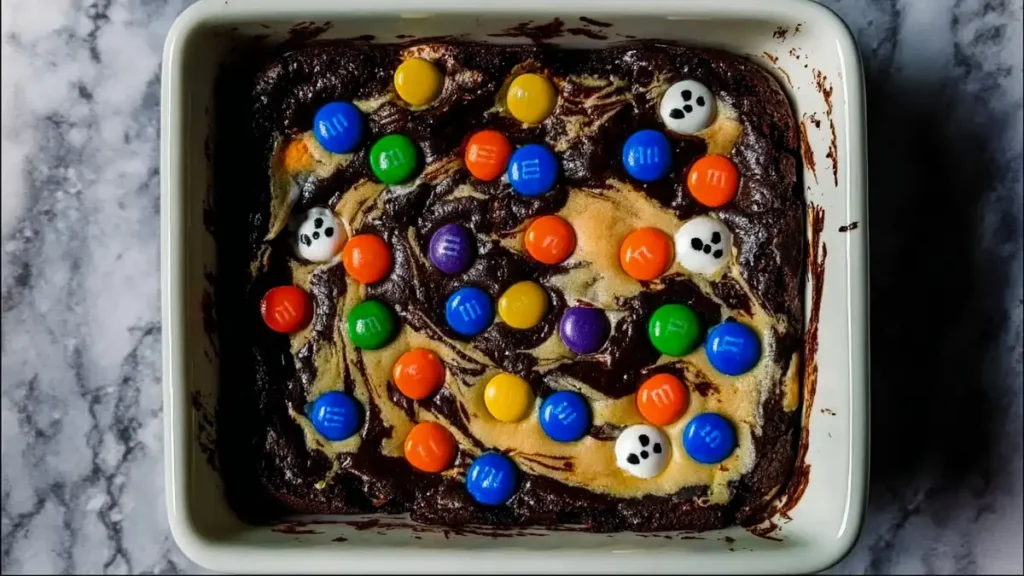 Halloween Brookies 4 Chocolate brownies topped with colorful candies and spooky candy eyeballs