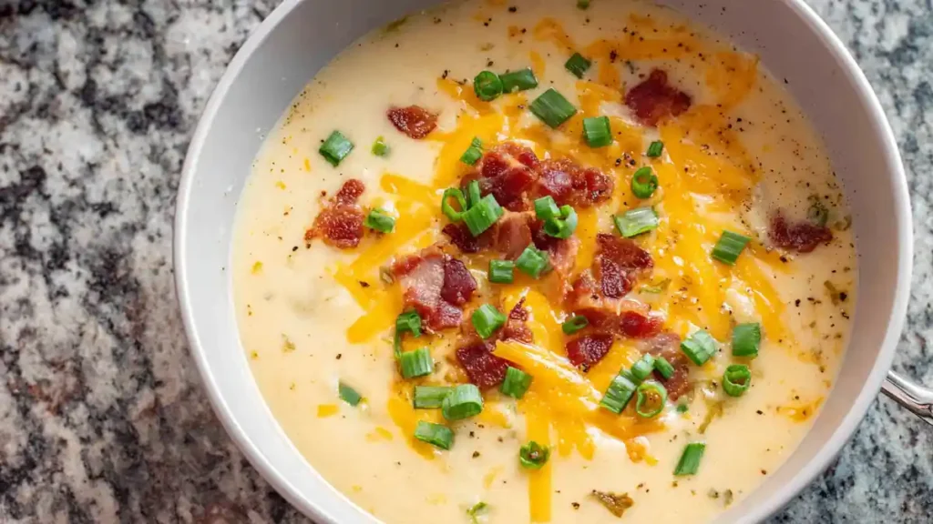 Easy Potato Soup Recipe 5 Creamy potato soup topped with cheddar cheese, crispy bacon bits, and chopped green onions