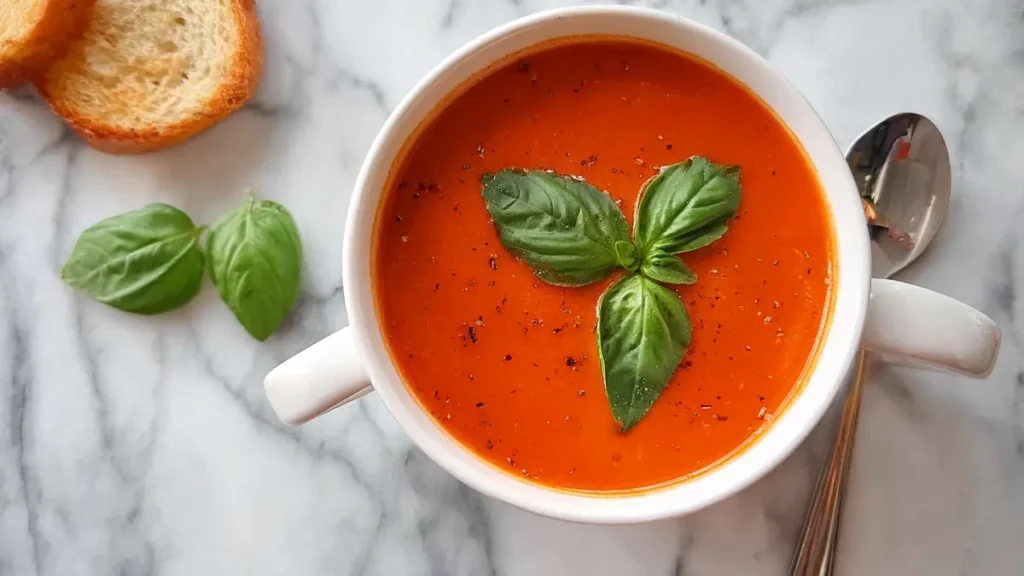 Tomato Basil Soup 5 vibrant tomato soup garnished with fresh basil leaves and cracked pepper